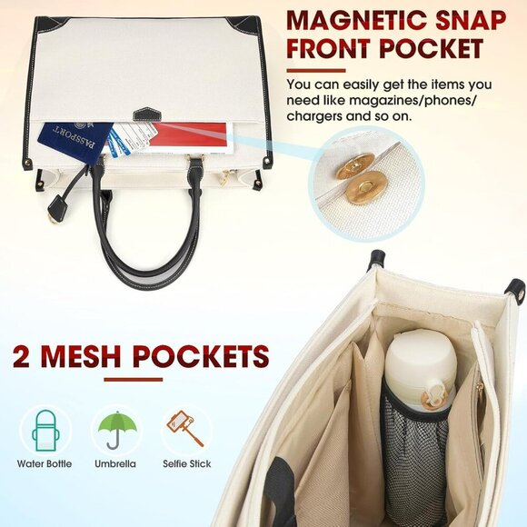 Laptop Bag for Women 15.6 Inch, Waterproof Canvas Work Tote Shoulder Bag - Picture 5 of 9